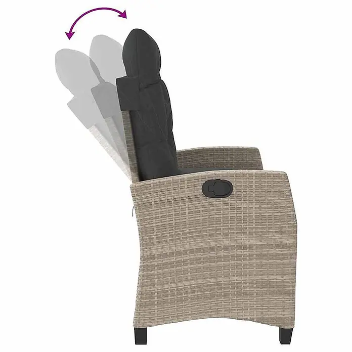 Furnicato Gartenbank - B x T x H: 66 x 90 x 93 cm, Hellgrau - Beiger Rattan-Loungesessel mit dunkelgrauem Kissen, zeigt verstellbare Rückenlehnenpositionen.