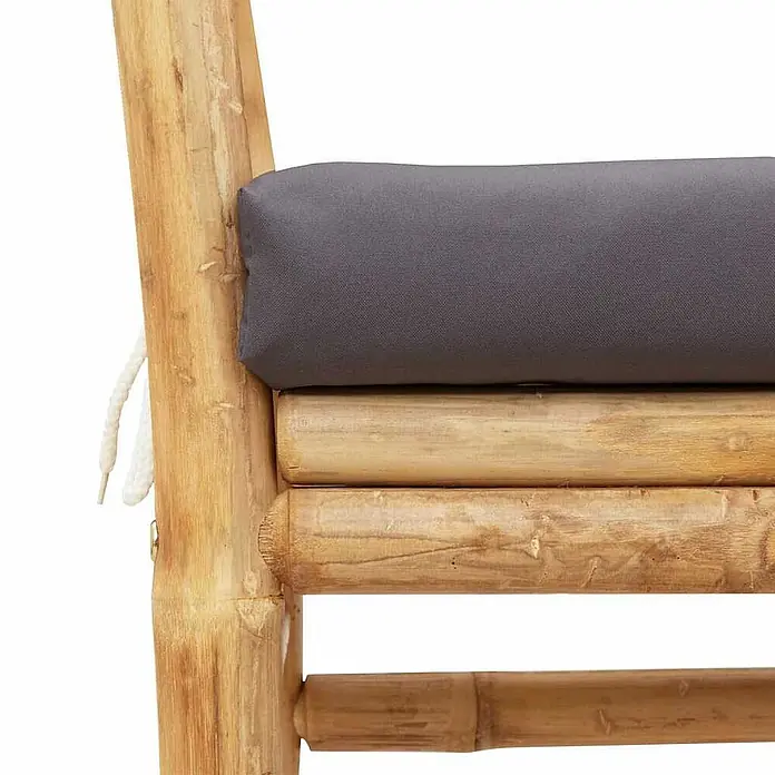 Furnicato Gartenbank Bambus - B x T x H: 38 x 110 x 65 cm, Dunkelgrau - Bambusstuhl mit grauem Kissen, mit weißem Seil am Rahmen befestigt.