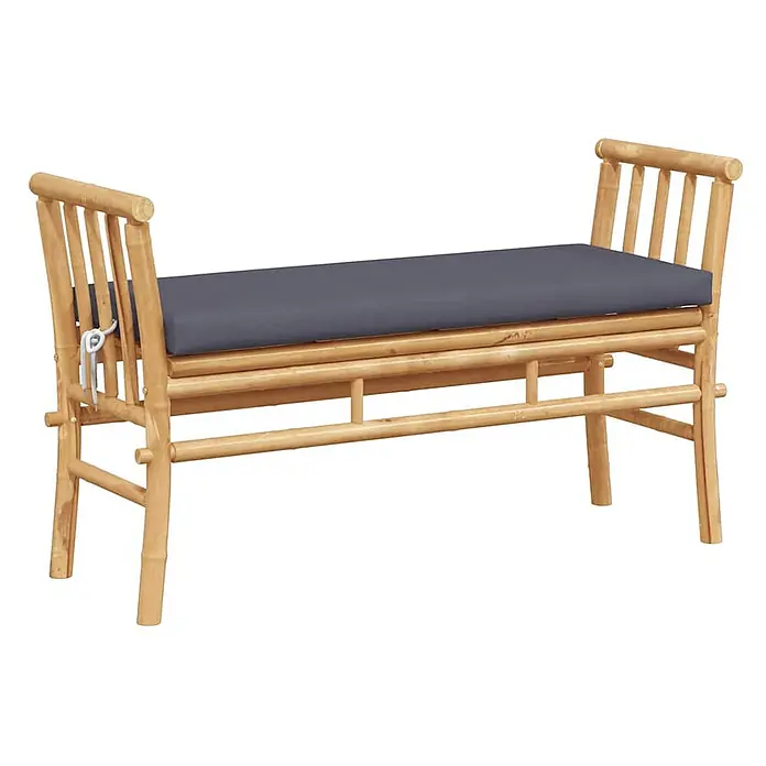 Furnicato Gartenbank Bambus - B x T x H: 38 x 110 x 65 cm, Dunkelgrau - Naturbelassene Bambusbank mit rechteckigem grauem Kissen und Lattenarmlehnen an beiden Seiten.