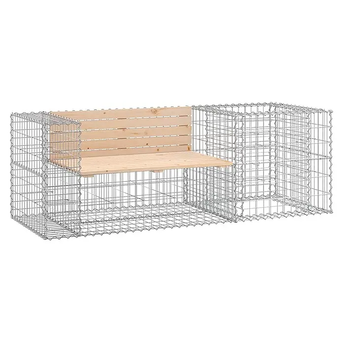 Furnicato Gartenbank Kiefernholz - B x T x H: 192 x 71 x 65,5 cm, Natürliche Kiefer - Drahtgitter-Gabionenbank mit heller Holz-Sitzfläche und Rückenlehne.