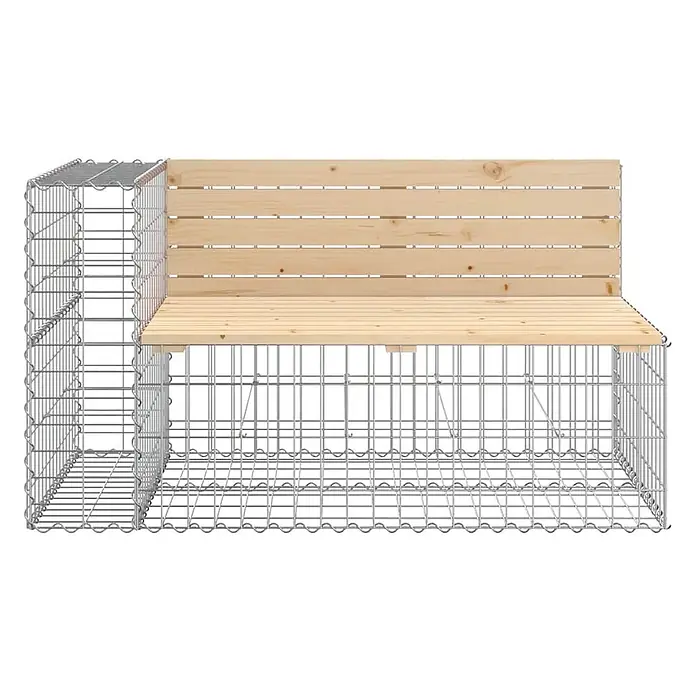 Furnicato Gartenbank Kiefernholz - B x T x H: 192 x 71 x 65,5 cm, Natürliche Kiefer - L-förmige Gabionenbank mit heller Holzauflage und Rückenlehne.