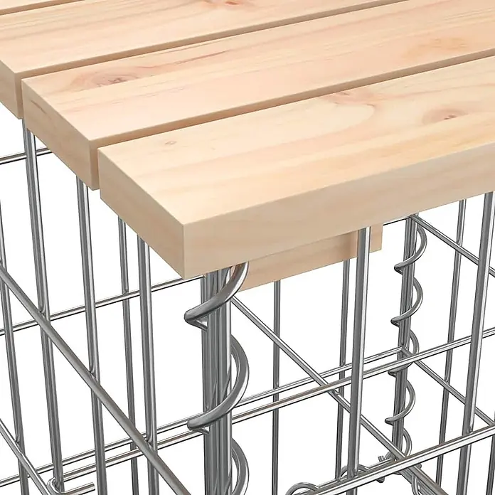 Furnicato Gartenbank Kiefernholz - B x T x H: 192 x 71 x 65,5 cm, Natürliche Kiefer - Helle Holzlatten auf einer silbernen Metallgabione, als Bank- oder Tischfläche.