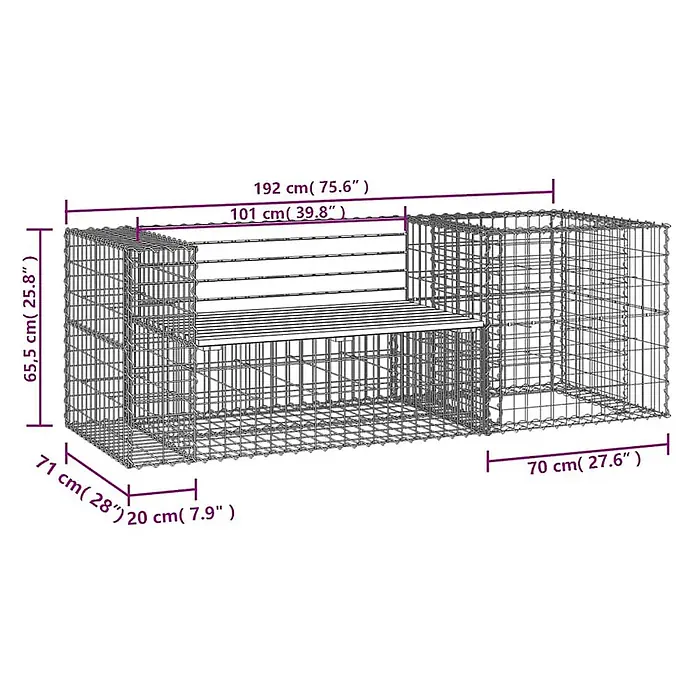 Furnicato Gartenbank Kiefernholz - B x T x H: 192 x 71 x 65,5 cm, Natürliche Kiefer - Eine Gabionenbank mit Drahtgitterrahmen und Sitz-/Rückenlehne aus Holz, geeignet für den Außenbereich.