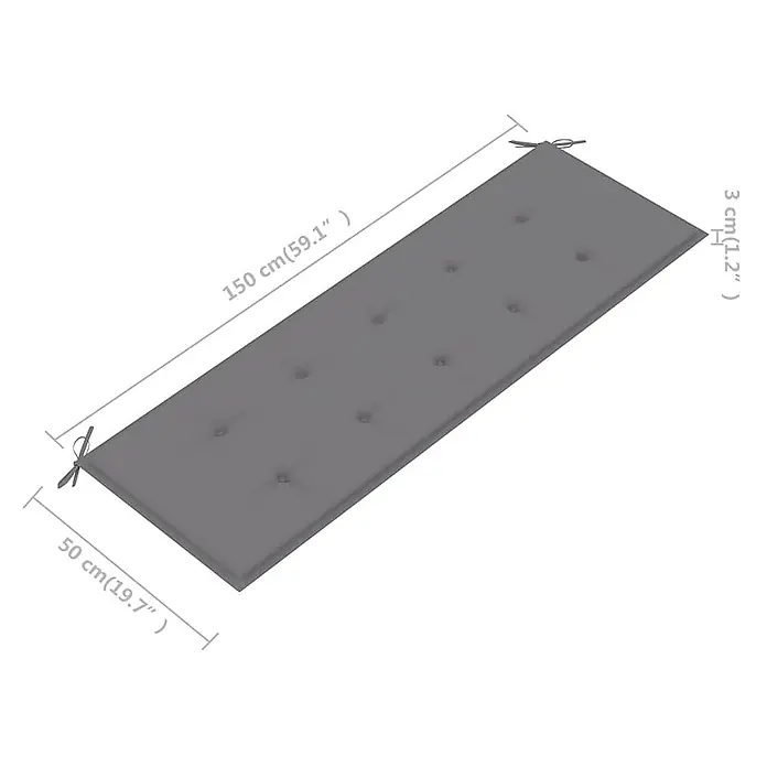 Furnicato Gartenbank Eukalyptusholz geölt - B x T x H: 150 x 60 x 89 cm, Grau - Graues getuftetes Bankkissen mit Bändern, 150x50x3 cm (59.1x19.7x1.2 Zoll).
