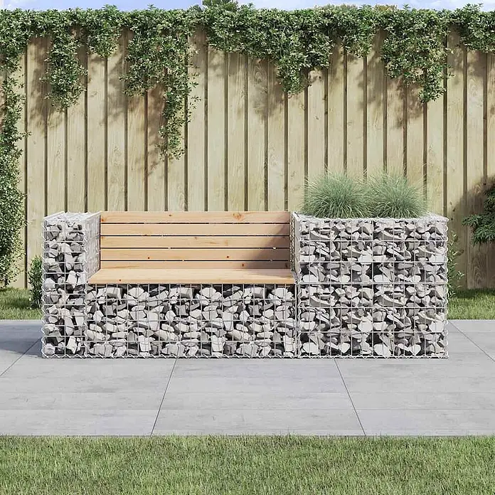 Furnicato Gartenbank Kiefernholz - B x T x H: 192 x 71 x 65,5 cm, Natürliche Kiefer - Gabionenbank mit Holz-Sitzfläche/Rückenlehne und integriertem Pflanzkasten mit Grünpflanze für den Außenbereich.
