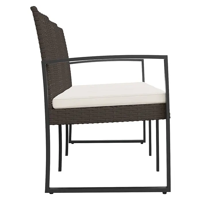 Furnicato Gartenbank PP-Rattan Anthrazit - B x T x H: 152,5 x 57 x 77,5 cm, Braun - Dunkelbrauner geflochtener Outdoor-Stuhl mit schwarzem Metallrahmen und cremefarbenem Kissen.