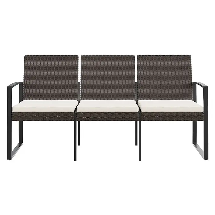 Furnicato Gartenbank PP-Rattan Anthrazit - B x T x H: 152,5 x 57 x 77,5 cm, Braun - Dreisitzer Outdoor-Sofa aus braunem Polyrattan mit schwarzem Metallgestell und cremefarbenen Kissen.