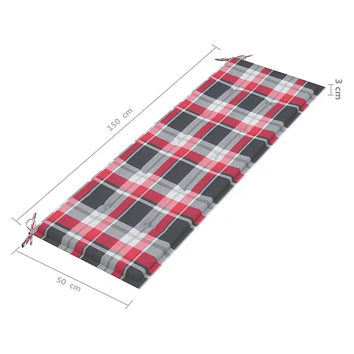 Furnicato Gartenbank - Rotes Karomuster - Kariertes, gepolstertes Bankkissen, 150x50x3 cm. Rot, schwarz, grau und weiß gemustert mit Bändern und Steppung.