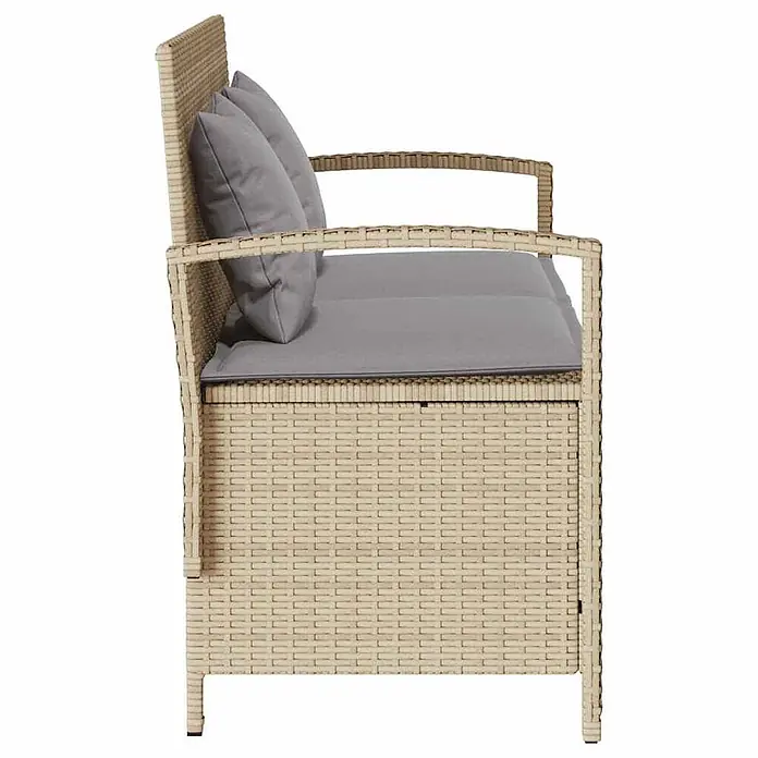 Furnicato Gartenbank - B x T x H: 111 x 56 x 87 cm, Beige und Hellgrau - Seitenansicht einer beigen Rattan-Sitzbank mit Stauraum und grauen Kissen.