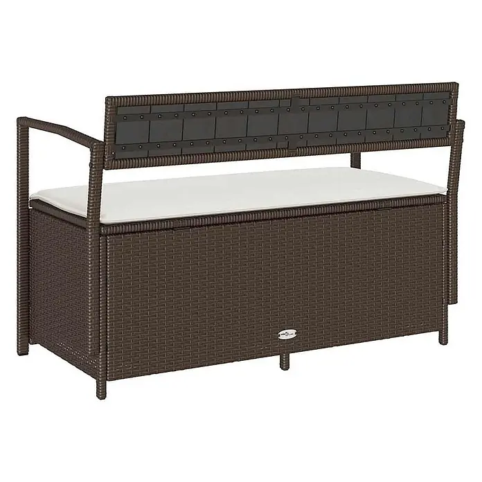 Furnicato Gartenbank PE-Rattan - B x T x H: 111,5 x 54 x 74 cm, Braun und Cremeweiß - Braune Rattan-Gartenbank mit Stauraum und weißem Kissen, bietet Sitzgelegenheit und versteckten Speicherplatz.