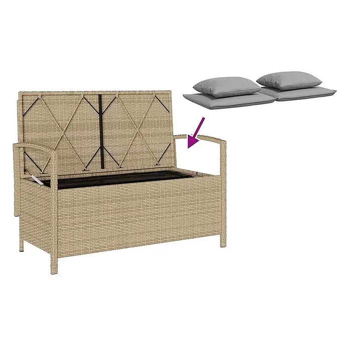 Furnicato Gartenbank - B x T x H: 111 x 56 x 87 cm, Beige und Hellgrau - Beigefarbene Rattan-Optik-Truhenbank mit offenem Deckel, schwarzem Futter und vier grauen Kissen.