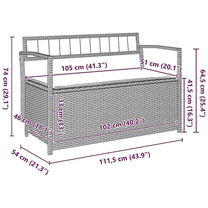 Furnicato Gartenbank PE-Rattan - B x T x H: 111,5 x 54 x 74 cm, Braun und Cremeweiß - Geflochtene Aufbewahrungsbank mit Rücken- und Armlehnen, Maße dargestellt.