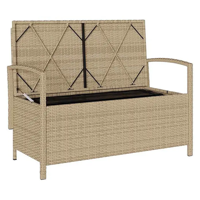 Furnicato Gartenbank - B x T x H: 111 x 56 x 87 cm, Beige und Hellgrau - Beige geflochtene Outdoor-Sitzbank mit aufklappbarem Deckel und Stauraum.