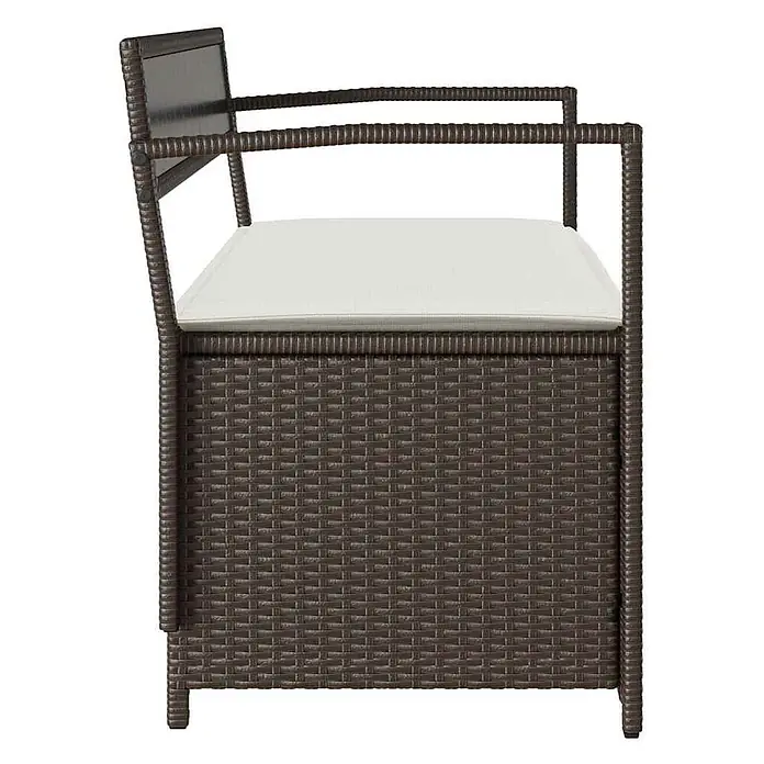 Furnicato Gartenbank PE-Rattan - B x T x H: 111,5 x 54 x 74 cm, Braun und Cremeweiß - Seitenansicht eines dunkelbraunen Rattan-Gartensessels mit weißem Sitzkissen.