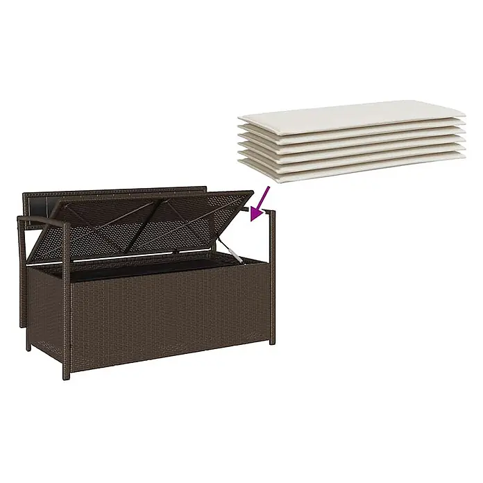 Furnicato Gartenbank PE-Rattan - B x T x H: 111,5 x 54 x 74 cm, Braun und Cremeweiß - Braune Rattan-Gartenbox mit offenem Deckel und einem Stapel cremefarbener Kissen.