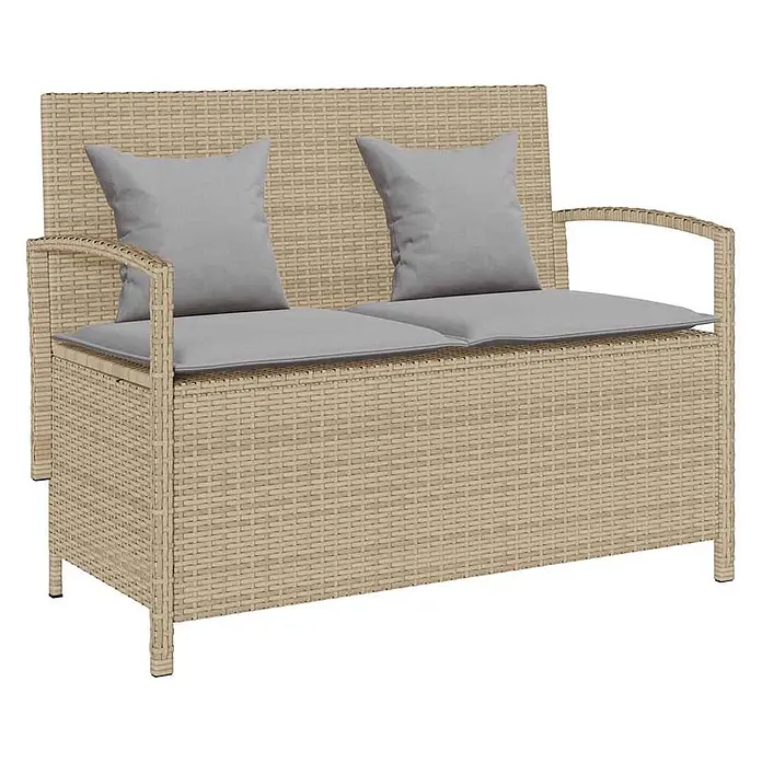 Furnicato Gartenbank - B x T x H: 111 x 56 x 87 cm, Beige und Hellgrau - Beigefarbene geflochtene Zweisitzer-Gartenbank mit grauen Sitz- und Rückenkissen, ideal für den Außenbereich.