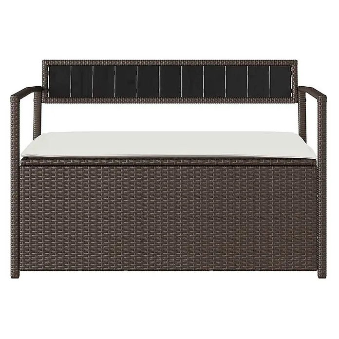 Furnicato Gartenbank PE-Rattan - B x T x H: 111,5 x 54 x 74 cm, Braun und Cremeweiß - Braune Rattan-Gartenaufbewahrungsbank mit weißem Kissen und Rückenlehne mit schwarzen Paneelen.