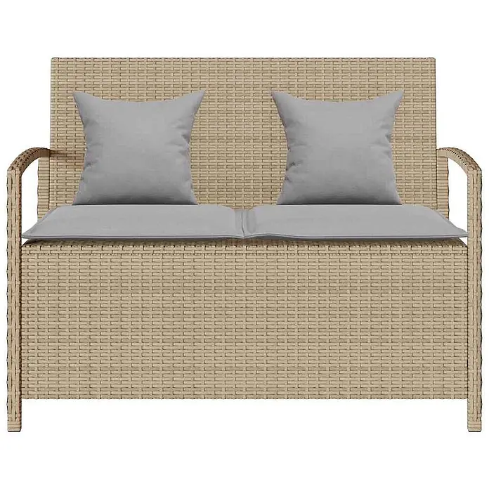 Furnicato Gartenbank - B x T x H: 111 x 56 x 87 cm, Beige und Hellgrau - Beiges Rattan-Zweisitzer-Gartenssofa mit hellgrauen Sitzkissen und zwei passenden Rückenkissen.