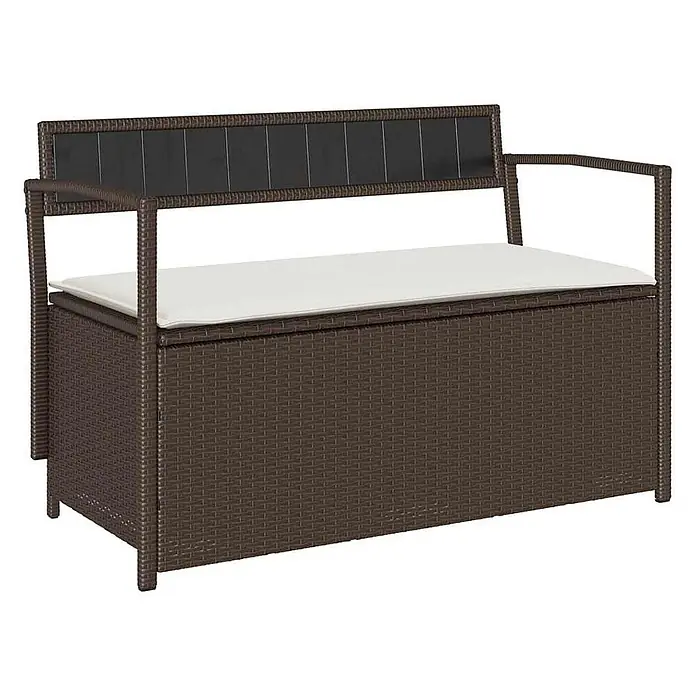 Furnicato Gartenbank PE-Rattan - B x T x H: 111,5 x 54 x 74 cm, Braun und Cremeweiß - Dunkelbraune Rattan-Gartenbank mit Stauraum, weißem Kissen und schwarzem Rückenteil.