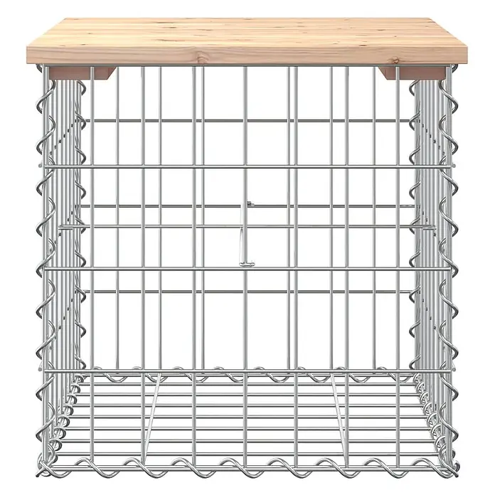 Furnicato Gartenbank Kiefernholz massiv - B x T x H: 43 x 44 x 42 cm, Natürliche Kiefer - Gabionen-Beistelltisch aus silbernem Metallgeflecht mit einer Naturholzplatte.