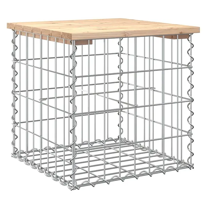 Furnicato Gartenbank Kiefernholz massiv - B x T x H: 43 x 44 x 42 cm, Natürliche Kiefer - Gabionen-Beistelltisch mit heller Holzplatte und silbernem Drahtgeflecht-Gestell.
