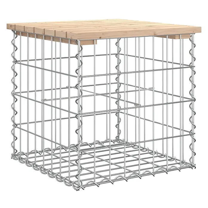 Furnicato Gartenbank Kiefernholz massiv - B x T x H: 43 x 44 x 42 cm, Natürliche Kiefer - Quadratischer Gabionenkorb aus verzinktem Stahldraht mit einer natürlichen Holzlattenplatte.