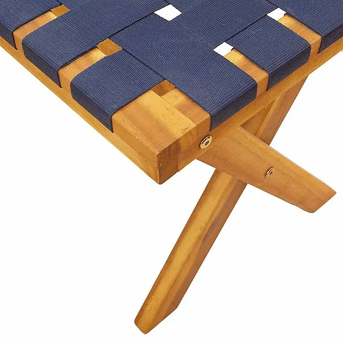 Furnicato Gartenbank Akazien-Massivholz geölt - B x T x H: 34 x 100 x 42 cm, Blau - Holzbank mit dunkelblauem Gurtgeflecht, Bein und Rahmen sichtbar.