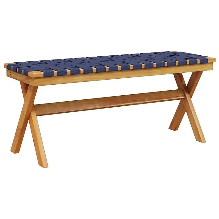 Furnicato Gartenbank Akazien-Massivholz geölt - B x T x H: 34 x 100 x 42 cm, Blau - Holzbank für den Außenbereich mit blau gewebter Sitzfläche.