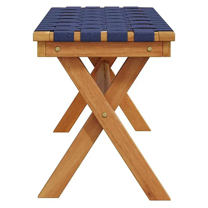 Furnicato Gartenbank Akazien-Massivholz geölt - B x T x H: 34 x 100 x 42 cm, Blau - Hölzerner Klapphocker mit dunkelblauer gewebter Stoffauflage.