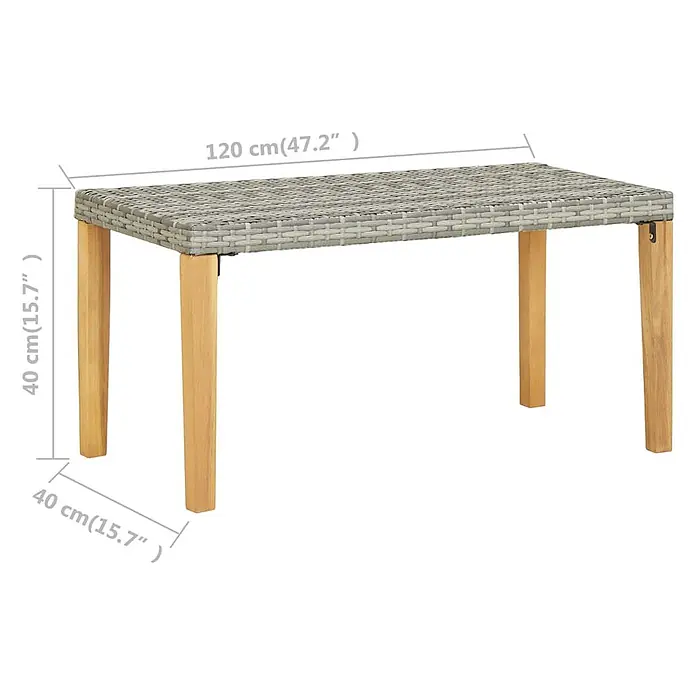 Furnicato Gartenbank PE-Rattan - B x T x H: 120 x 40 x 40 cm, Grau - Grauer Rattantisch mit Holzbeinen, 120x40x40 cm.