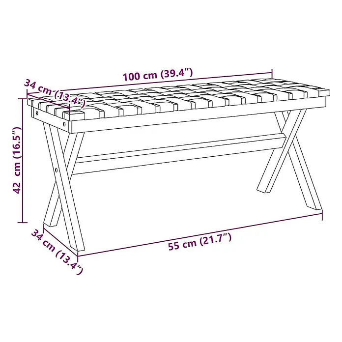 Furnicato Gartenbank Akazien-Massivholz geölt - B x T x H: 34 x 100 x 42 cm, Blau - Holzbank mit geflochtener Sitzfläche, 100 cm L x 34 cm B x 42 cm H.