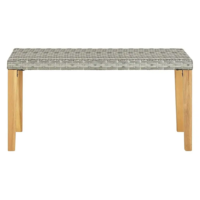 Furnicato Gartenbank PE-Rattan - B x T x H: 120 x 40 x 40 cm, Grau - Rechteckiger Gartentisch mit grauer geflochtener Rattanplatte und hellen Holzbeinen.