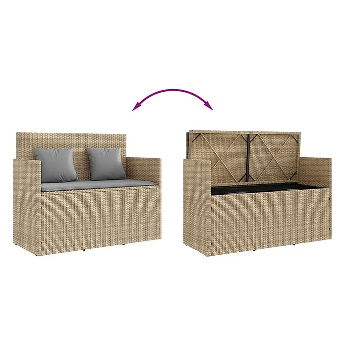 Furnicato Gartenbank - B x T x H: 120 x 50 x 90,5 cm, Beige und Grau - Beige Rattan-Sitzbank für 2 Personen mit grauen Kissen, geschlossen und mit angehobener Sitzfläche zur Präsentation des Stauraums.