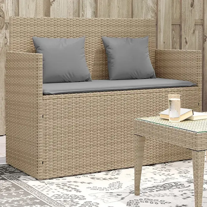 Furnicato Gartenbank PE-Rattan - B x T x H: 120 x 50 x 90,5 cm, Beige und Grau - Beiges Rattan-Effekt Zweisitzer Gartensofa mit grauen Kissen.