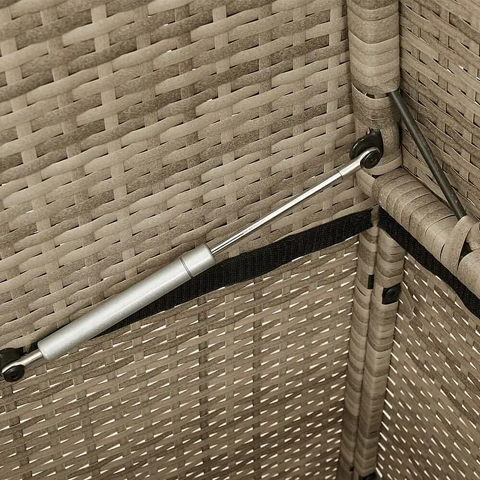 Furnicato Gartenbank - B x T x H: 120 x 50 x 90,5 cm, Beige und Grau - Silberner Gasdruckfeder-Mechanismus in einem braunen Rattan-Möbelstück zur Deckelöffnung.