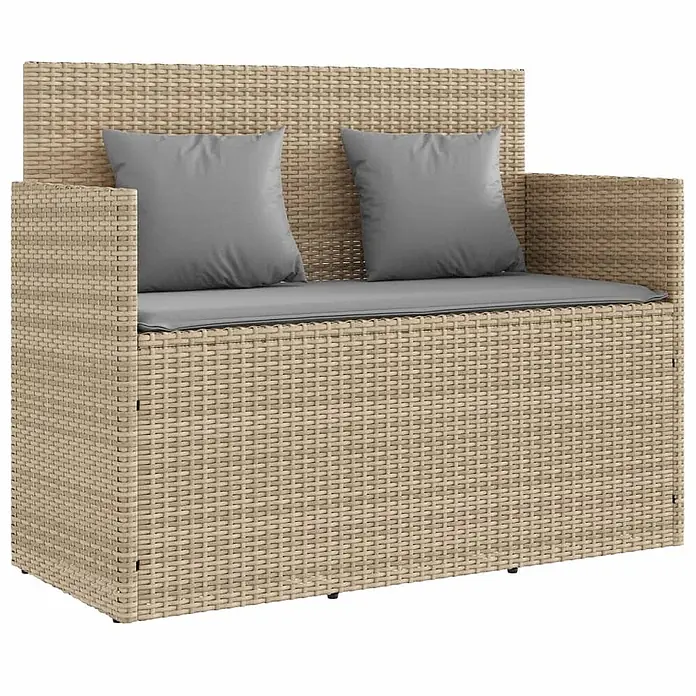Furnicato Gartenbank PE-Rattan - B x T x H: 120 x 50 x 90,5 cm, Beige und Grau - Zweisitziges beiges Polyrattan-Gartensofa mit grauen Sitz- und Rückenkissen.