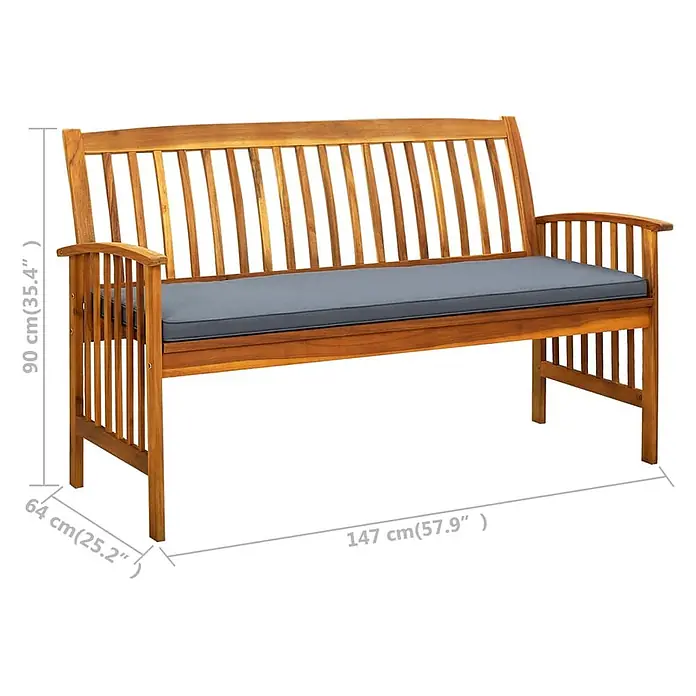 Furnicato Gartenbank Akazien-Massivholz geölt - B x T x H: 147 x 64 x 90 cm, Dunkelgrau - Hölzerne Gartenbank aus Akazienholz mit grauem Sitzkissen.