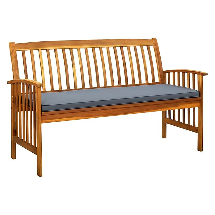 Furnicato Gartenbank Akazien-Massivholz geölt - B x T x H: 147 x 64 x 90 cm, Dunkelgrau - Hölzerne Gartenbank mit Armlehnen und dunkelgrauem Kissen.