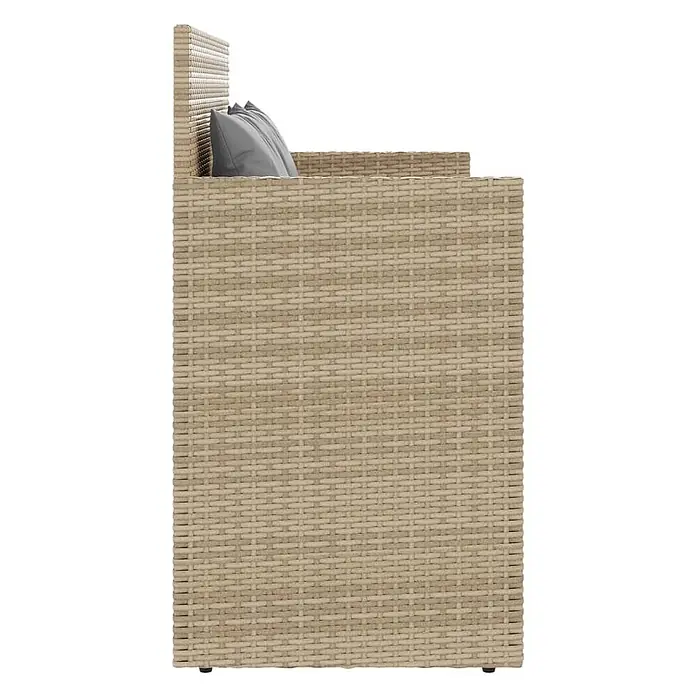 Furnicato Gartenbank - B x T x H: 120 x 50 x 90,5 cm, Beige und Grau - Beiger Rattan Outdoor-Sessel mit grauen Kissen.