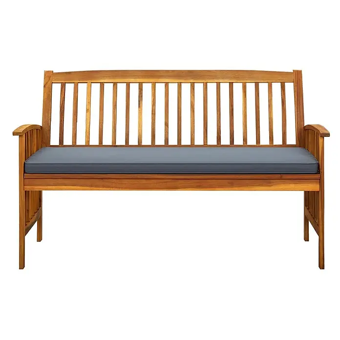 Furnicato Gartenbank Akazien-Massivholz geölt - B x T x H: 147 x 64 x 90 cm, Dunkelgrau - Braune Gartenbank aus Holz mit grauem Sitzkissen.