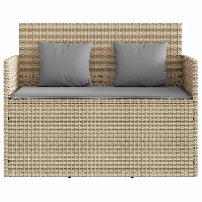 Furnicato Gartenbank PE-Rattan - B x T x H: 120 x 50 x 90,5 cm, Beige und Grau - Beigefarbene geflochtene Outdoor-Zweisitzerbank mit grauen Sitz- und Rückenkissen.