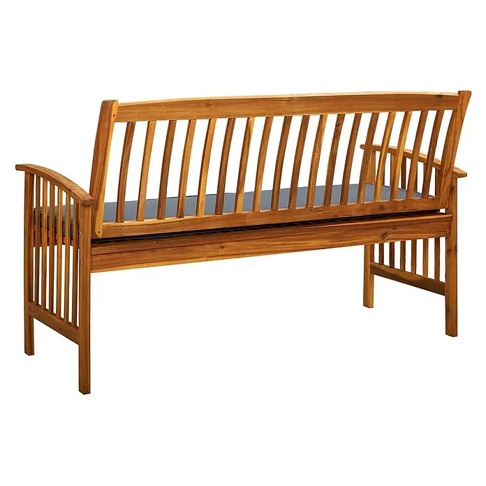 Furnicato Gartenbank Akazien-Massivholz geölt - B x T x H: 147 x 64 x 90 cm, Dunkelgrau - Braune Akazienholz-Gartenbank mit dunkelgrauem Sitzkissen.
