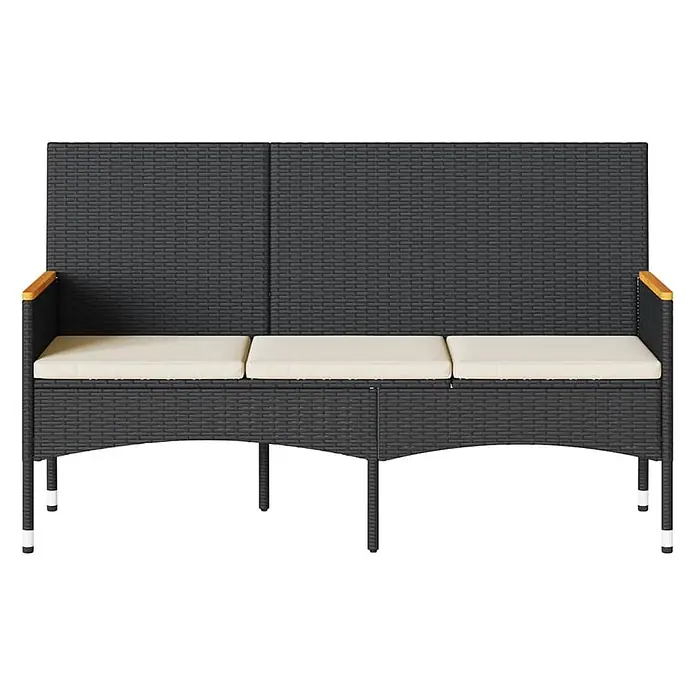 Furnicato Gartenbank PE-Rattan - B x T x H: 140 x 54 x 85 cm, Schwarz - Dunkelgraue Rattan 3-Sitzer Gartenbank mit cremefarbenen Kissen und Holzarmlehnen.