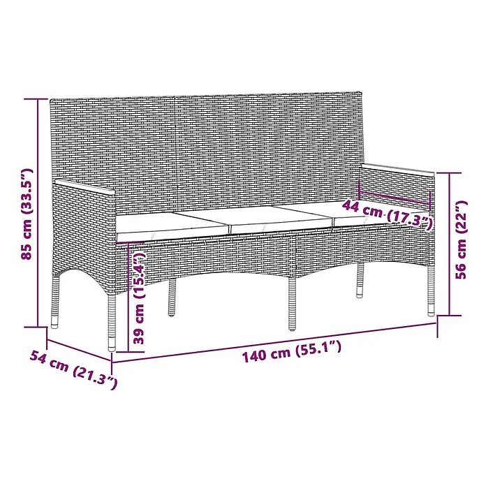 Furnicato Gartenbank PE-Rattan - B x T x H: 140 x 54 x 85 cm, Schwarz - Rattan-Gartenbank mit Sitzkissen, die Produktabmessungen darstellend.
