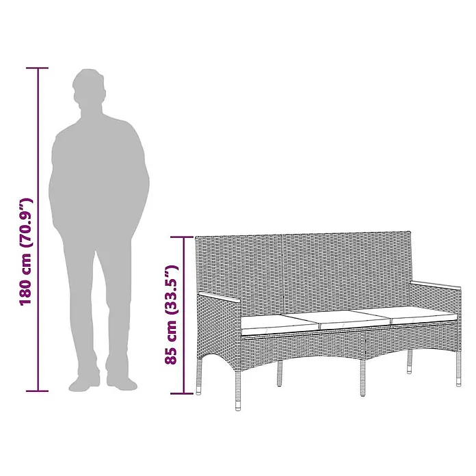 Furnicato Gartenbank PE-Rattan - B x T x H: 140 x 54 x 85 cm, Schwarz - Rattan-Sitzbank mit Kissen, mit menschlicher Silhouette zur Größenveranschaulichung.