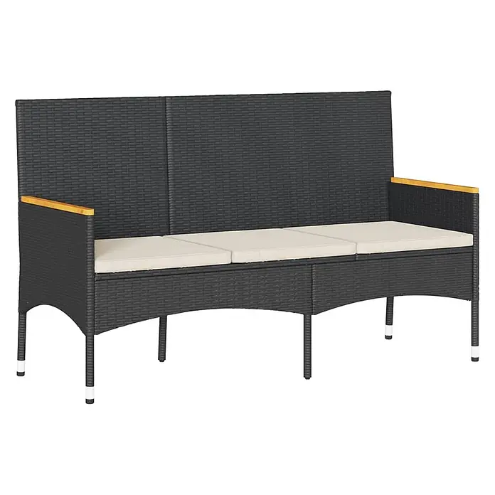 Furnicato Gartenbank PE-Rattan - B x T x H: 140 x 54 x 85 cm, Schwarz - Schwarze 3-Sitzer Rattan-Gartenbank mit cremefarbenen Kissen und Holzarmlehnen.