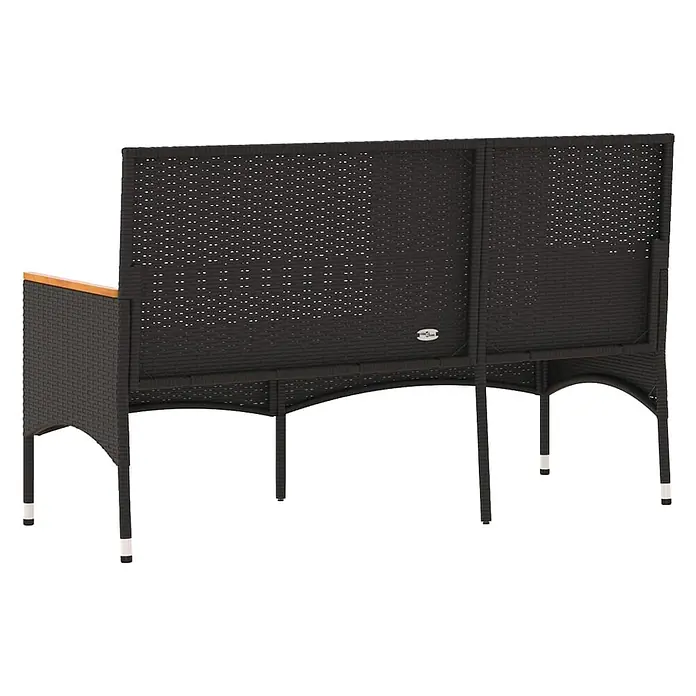 Furnicato Gartenbank - Schwarz - Dunkelbraune Outdoor-Sitzbank aus synthetischem Rattan mit Holzarmlehnen, von hinten gesehen.