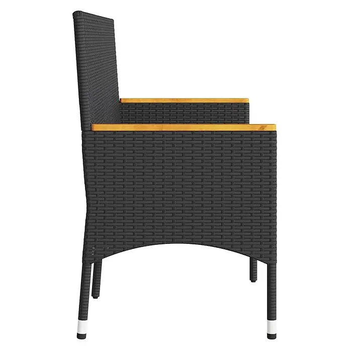 Furnicato Gartenbank - Schwarz - Seitenansicht eines dunkelgrauen Rattan-Stuhls mit Holzarmlehnen und Metallbeinen mit weißen Kappen.