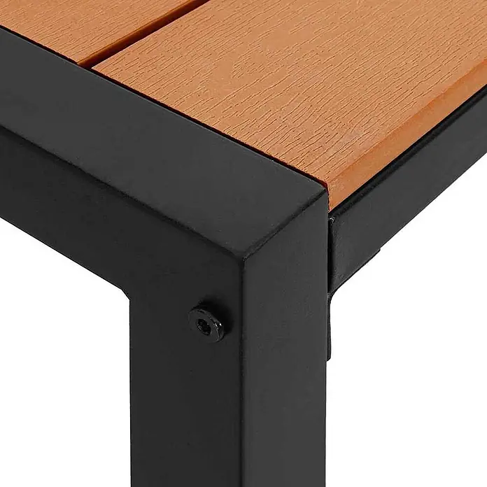 Furnicato Gartenbank Stahl - B x T x H: 28 x 100 x 45 cm, Braun - Eckdetail eines Gartentisches mit schwarzem Metallrahmen und brauner Holzoptik-Lattenplatte, mit Schraubverbindung.