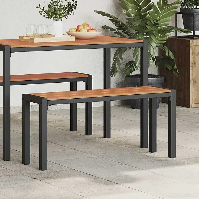 Furnicato Gartenbank Stahl - B x T x H: 28 x 100 x 45 cm, Braun - Outdoor-Esstisch-Set mit schwarzem Metallrahmen und Holzlatten-Tisch und -Bänken.